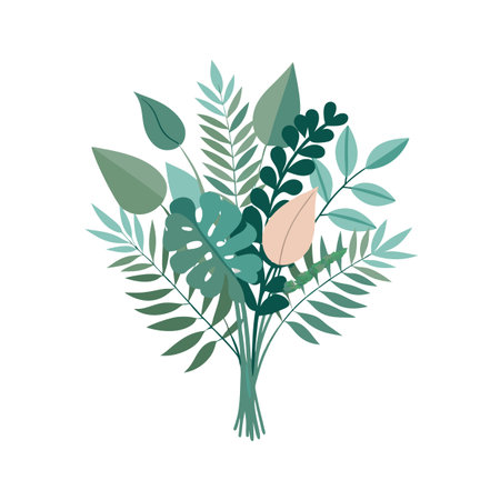 Elegant botanical bouquet illustration featuring monstera leaves, ferns, and tropical foliage on white backgroundのイラスト素材