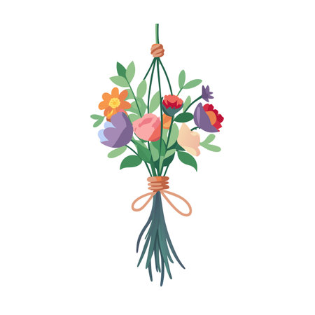 Hanging bouquet of colorful flowers with string tied in the middle on white backgroundのイラスト素材