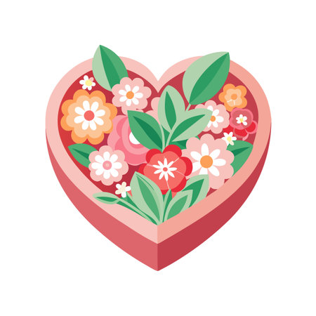 Heart-Shaped Box Filled with an Assortment of Colorful Flowers and Green Leaves Isolated on Whiteのイラスト素材