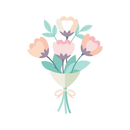 Pastel floral bouquet illustration with ribbon, wrapped elegantly for gifts and decorations on plain backdropのイラスト素材