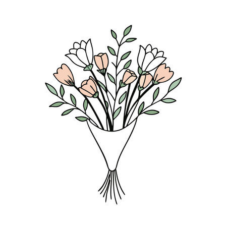 Hand-drawn floral bouquet illustration featuring soft pink blooms, elegant white flowers, and delicate green leavesのイラスト素材