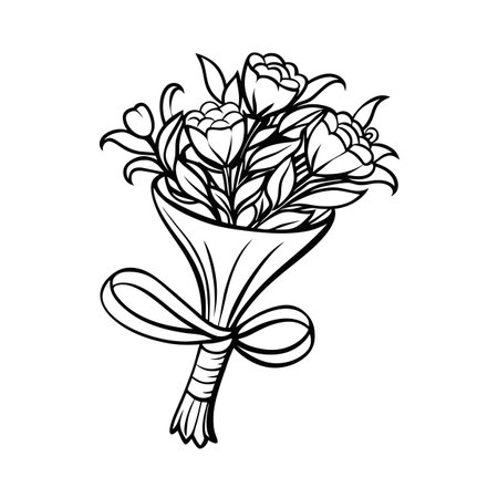 Elegant floral bouquet wrapped with ribbon, vector outline illustration for decorative design projectsのイラスト素材