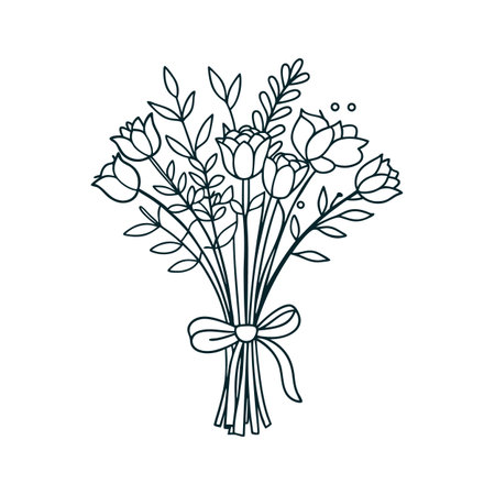 Elegant floral bouquet drawing with tulips, leaves and a ribbon, on white backgroundのイラスト素材
