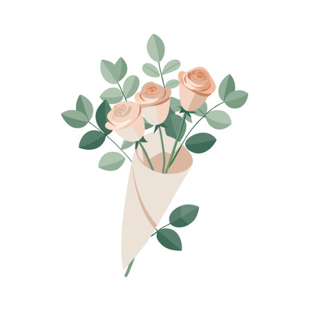 Elegant bouquet of soft peach roses and green foliage wrapped in neutral paper coneのイラスト素材