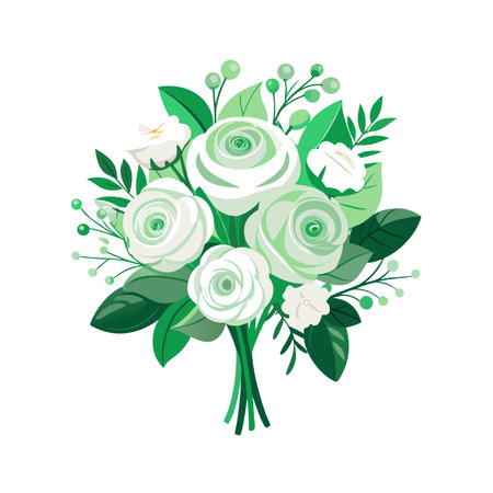 Minimalist bouquet illustration featuring white roses and botanical elements on white backgroundのイラスト素材