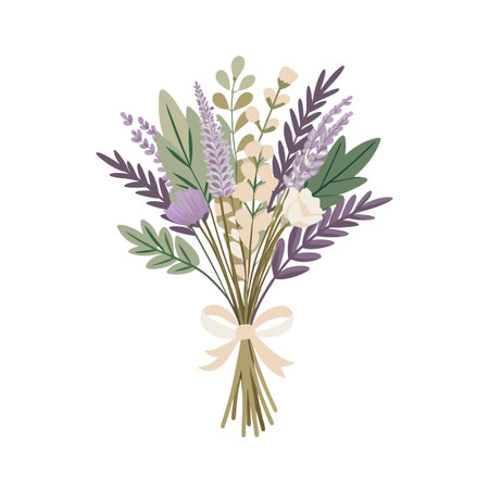 Elegant floral bouquet with lavender sprigs, soft green leaves, and cream roses tied with ribbonのイラスト素材