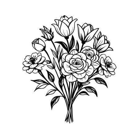 Elegant hand drawn bouquet of various flowers in black line on white backgroundのイラスト素材
