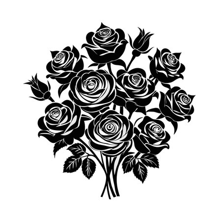Elegant black and white rose bouquet on a white background, floral graphic illustrationのイラスト素材