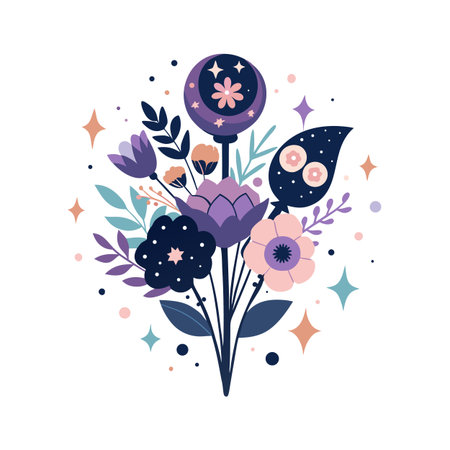A whimsical bouquet of stylized flowers and celestial elements on a white backdrop for creative designsのイラスト素材