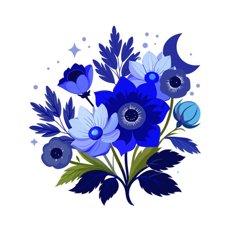 Elegant blue floral arrangement with crescent moon perfect for wedding invitations or postersのイラスト素材