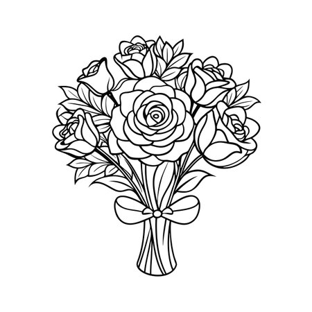 Line art bouquet of roses tied with ribbon, ready for coloring projectsのイラスト素材