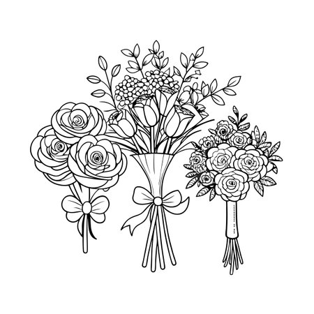 Elegant floral bouquet line art depicting roses, tulips and foliage on white backgroundのイラスト素材