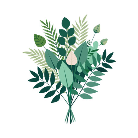 Elegant botanical illustration of a lush bouquet featuring various shades of green foliageのイラスト素材