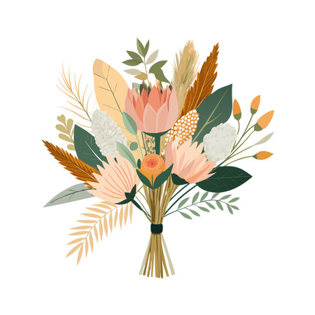 Elegant floral bouquet arrangement with protea roses and dried botanicals on white backgroundのイラスト素材