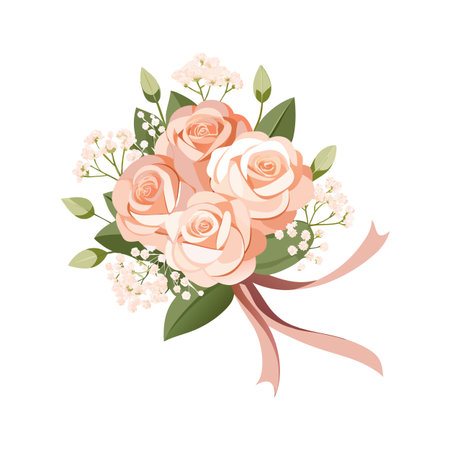 Delicate bouquet of pastel peach roses and baby's breath tied with a ribbonのイラスト素材