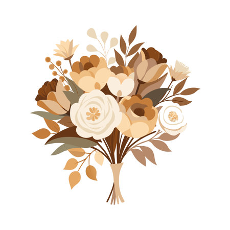 Elegant floral arrangement of roses, tulips, and leaves in neutral and brown tonesのイラスト素材