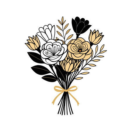 Stylized floral bouquet design with black, cream, and gold colors on a white backgroundのイラスト素材