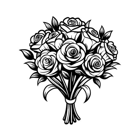 Elegant Black and White Rose Bouquet Illustration for Invitations and Designsのイラスト素材