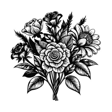 Elegant black and white floral bouquet drawing featuring roses and sunflower on white backgroundのイラスト素材