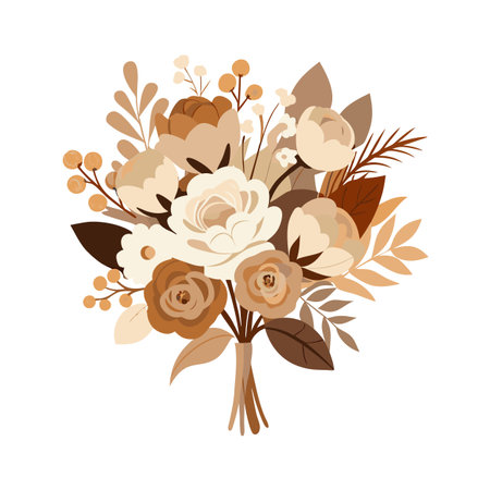Elegant floral bouquet illustration with muted brown and beige tones on white backgroundのイラスト素材