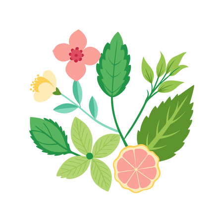 Flat Vector Bouquet with Pink Flowers, Green Leaves, and Citrus Slice on White Backgroundのイラスト素材
