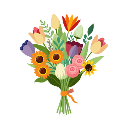 A cheerful spring bouquet of tulips sunflowers and roses with a tied ribbon detailのイラスト素材