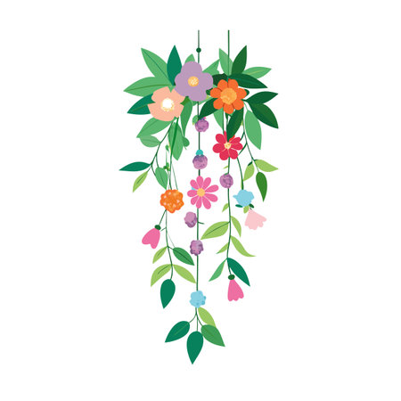 Whimsical hanging floral arrangement with colorful flowers and lush green leaves on a white backgroundのイラスト素材