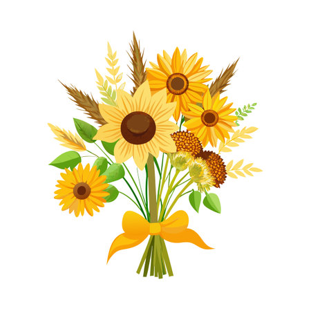 Autumn Sunflower and Wheat Bouquet Tied with Bow Illustration on White Backgroundのイラスト素材