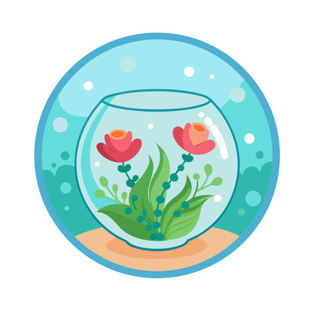 Stylized flat illustration of floral arrangement with pink roses inside a round fishbowl stickerのイラスト素材