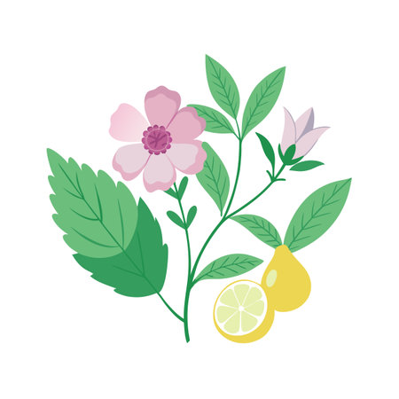 Botanical arrangement with pink flowers, green leaves, and yellow lemons isolated on white backgroundのイラスト素材