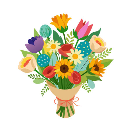 Colorful Floral Bouquet Vector Illustration with Wrapped Paper, Ribbons and White Backgroundのイラスト素材