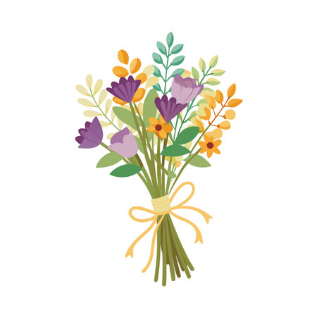 Isolated bouquet of vibrant flowers tied with a ribbon on a white backgroundのイラスト素材
