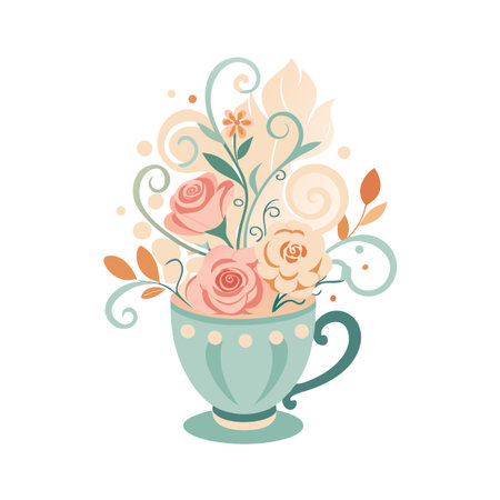 Elegant vector illustration of roses in a teacup with decorative swirls and dots on whiteのイラスト素材