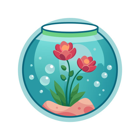 Stylized floral arrangement inside of a fishbowl with vibrant colors and bubble accentsのイラスト素材