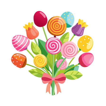 Colorful candy and flower bouquet illustration with lollipop accents tied with a ribbonのイラスト素材