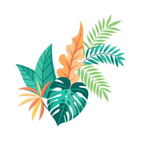 Arrangement of vibrant tropical leaves in a flat vector design, showcasing lush foliageのイラスト素材