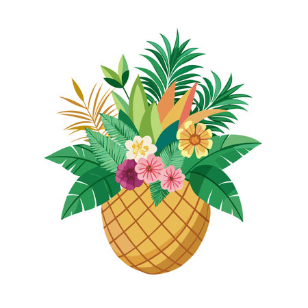 Tropical pineapple vase with exotic flowers and lush green leaves vector graphic designのイラスト素材