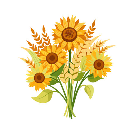 Vibrant Sunflower and Wheat Bouquet: A Celebration of Autumn's Golden Harvest in Flat Styleのイラスト素材