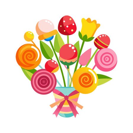 Colorful bouquet of lollipops and stylized flowers in a vase illustration on white backgroundのイラスト素材