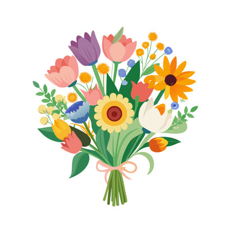 Stylized Flower Bouquet Illustration Featuring Tulips, Sunflowers and Assorted Floral Elementsのイラスト素材