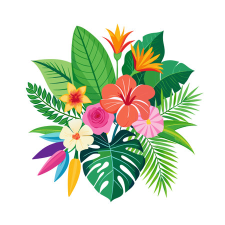 Tropical Floral Arrangement with Hibiscus, Bird of Paradise, Monstera and Palm Leavesのイラスト素材