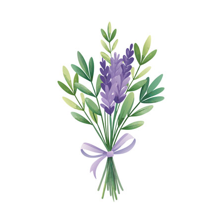 Watercolor lavender bouquet with green leaves and pastel ribbon on white backgroundのイラスト素材