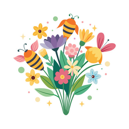 A cheerful flat vector illustration of a bouquet with flowers and beesのイラスト素材