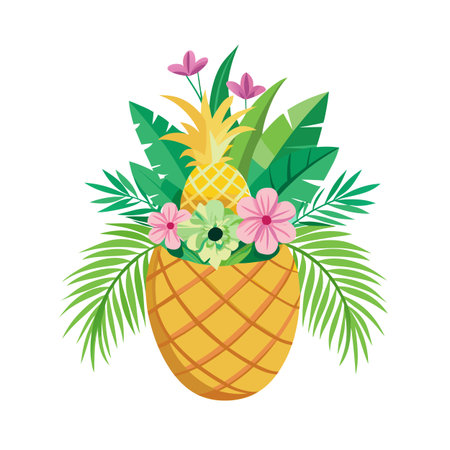 Tropical pineapple vase with flowers and leaves arrangement, a vibrant summer centerpieceのイラスト素材