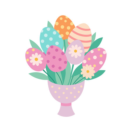 Pastel Easter Eggs in a Polka Dot Vase Springtime Holiday Celebration Arrangementのイラスト素材