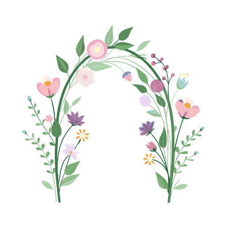 Floral archway illustration with pastel wildflowers and green foliage on white backgroundのイラスト素材
