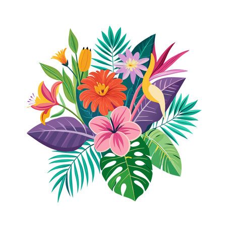 Tropical floral bouquet with vibrant flowers and exotic leaves on a white backgroundのイラスト素材