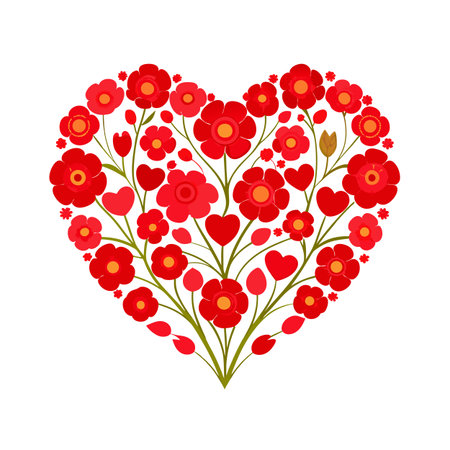 Stylized floral heart with red flowers and green stems over white background artのイラスト素材