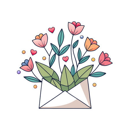 Colorful flowers and heart shapes emerging from an envelope illustration for love themed designsのイラスト素材