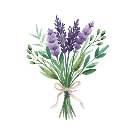 Watercolor Lavender Bouquet with Ribbon on White Background Depicting Elegance and Calmnessのイラスト素材